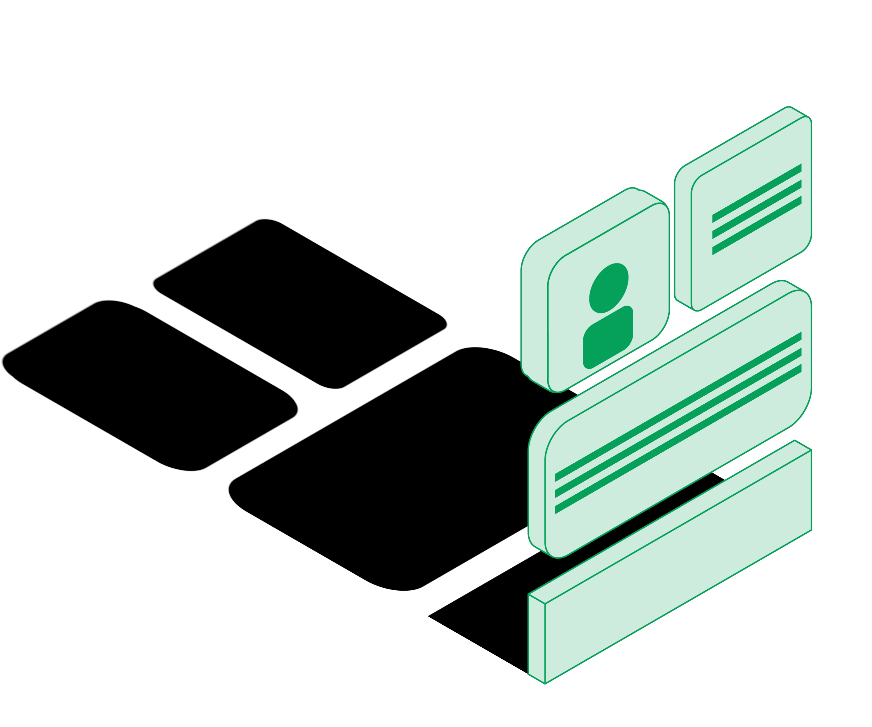 3D isometric illustration of stacked documents or cards in green tones